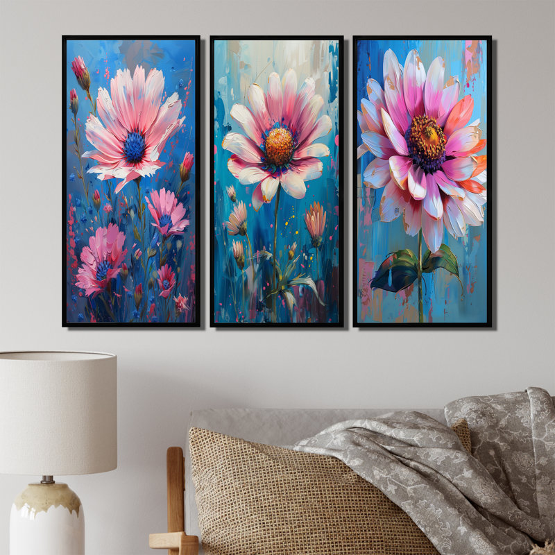 Fleurs bleues et bleues éclatantes - Collection d'art mural traditionnel, H 40 po x l 60 po, Impression encadrée flottante