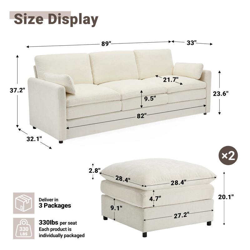 Canapé rembourré 3 pièces avec repose-pieds Drago, Beige