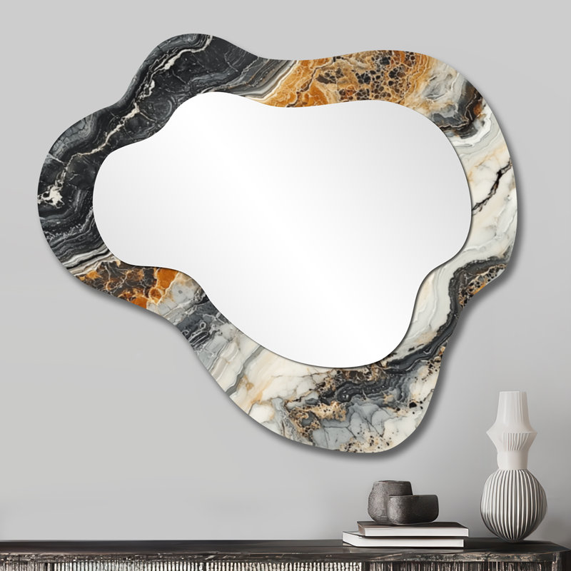 Éternelle marbre équilibre dans les tons de terre I - miroir mural asymétrique en marbre, miroir de meuble-lavabo moderne, imprimé sur métal