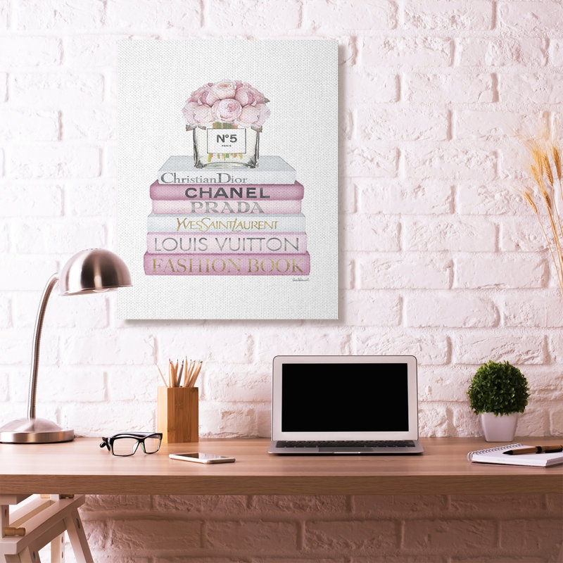 Fashion Designer Flower Bookstack Pink White - impression d'art graphique, Toile tendue, H 48 po x l 36 po