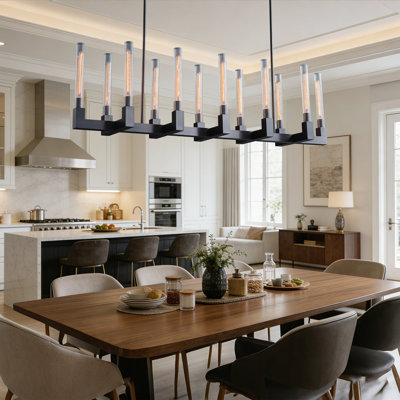67" Black Rectangular Chandelier, 12-Light Glass Tube Island Pendant Lighting With E26 Base, Includes Bulbs, Adjustable Hanging Height For Dining Room, Kitchen & Foyer