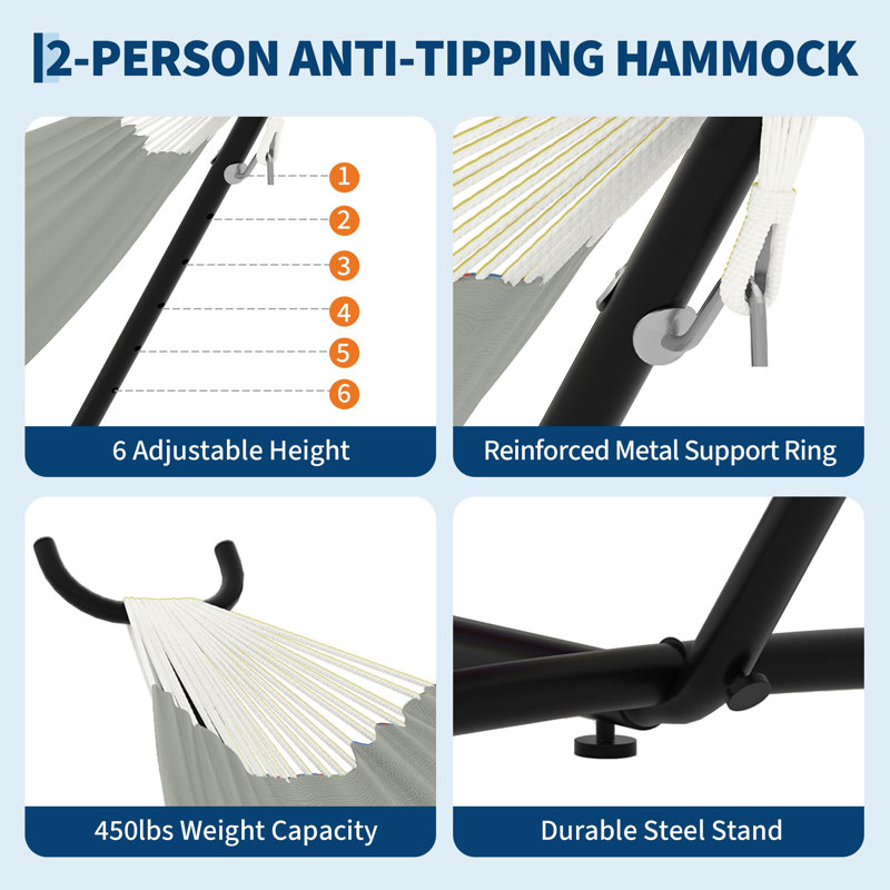 Hamac double avec support, capacité de 227 kg, ensemble de hamac portable en acier robuste pour l'intérieur et l'extérieur, sac de transport inclus, gain de place, montage rapide (gris pâle)