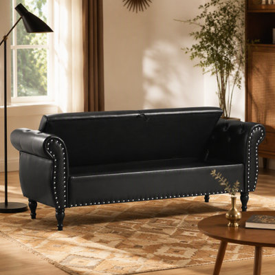 63" PU Upholstered End of Bed Bench Flip Top Entryway Ottoman with Safety Hinge Storage Rectangular Sofa Stool Buttons Tufted Nailhead Trimmed Solid Wood Legs with 1 Pillow,Black