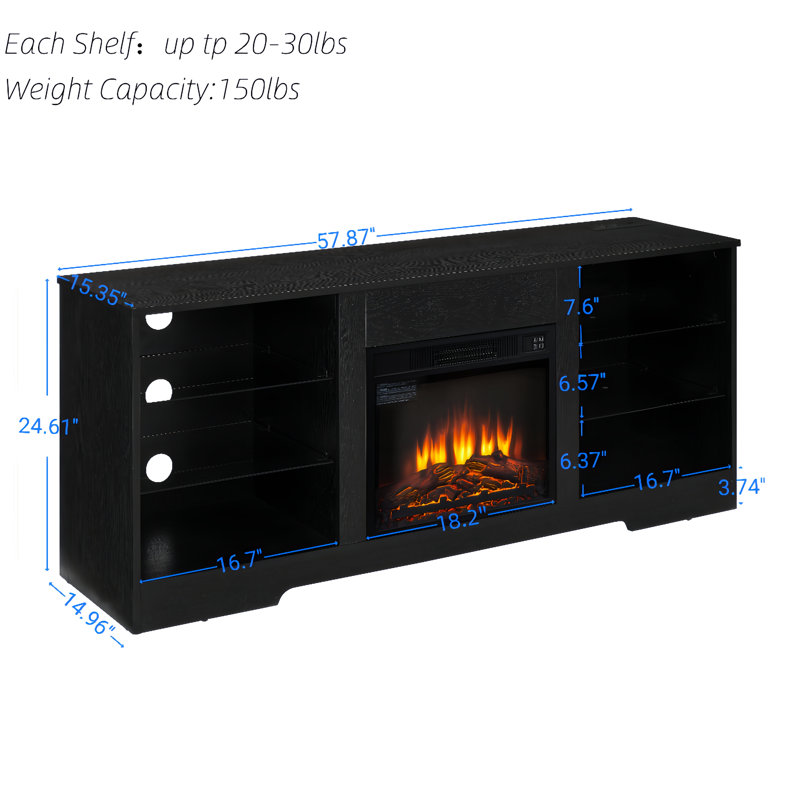Meuble télé avec foyer électrique et charge, noir, l 58 po x P 15,5 po x H 24,4 po, pour écrans de 32 à 62 po noirs avec réglage de température jusqu'à 65 po