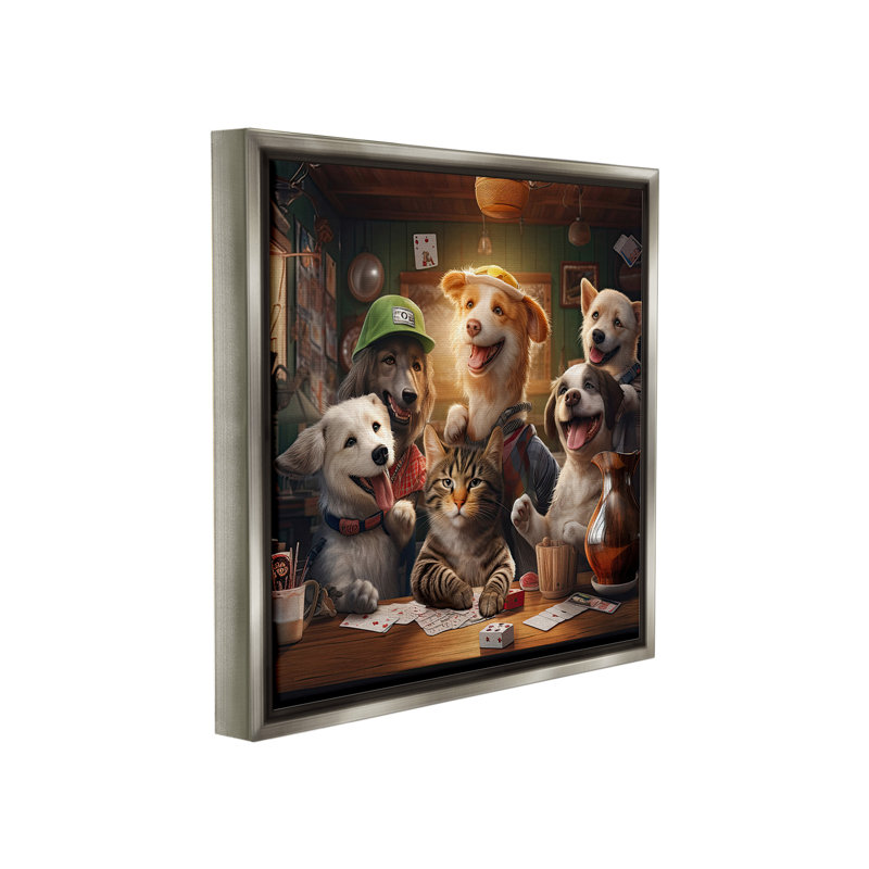 "Animaux jouant aux jeux de cartes avec cadre flottant" par Jim Baldwin sur toile, Cadre flottant gris lustré