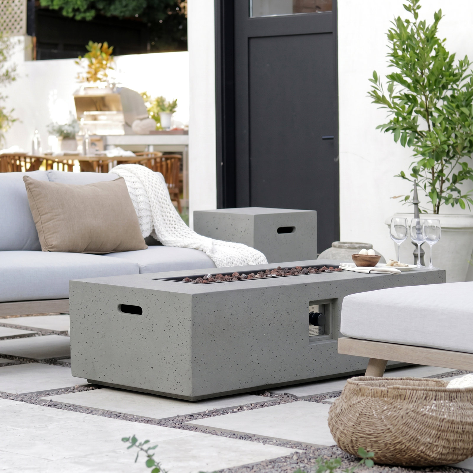 Belle Concrete Rectangle Fire Pit Table,  Light Gray
