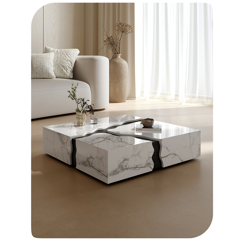 Exquisite Contemporary Stream Form Marble Coffee Table With Flowing Water Form Finish And Wood Veneer Base, Square Venato Carrara White