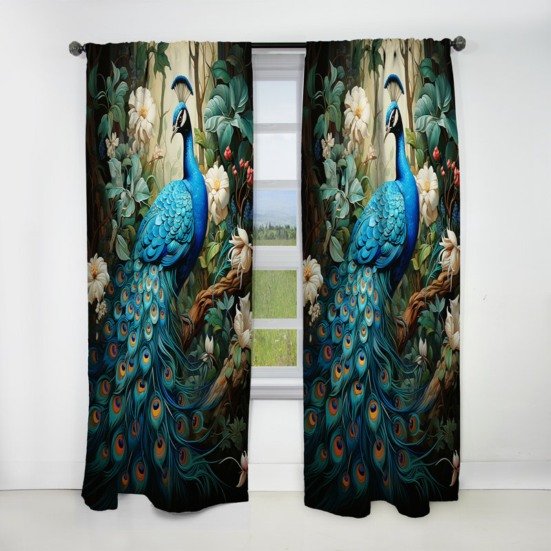 Teal Peacock Monochrome - Peacock Blackout Animal Print Curtain - 1 Panel, 52" W x 95" L