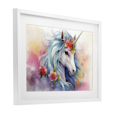 Magical Unicorn with Blossoms Framed Print Under Glass, design by Creative Studio