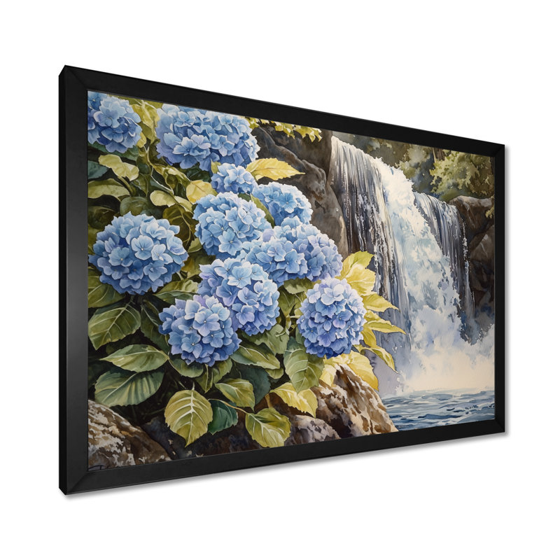 Jaber Hydrangeas By The Waterfall I - Hydrangea Wall Art for Living Room, Reproduction encadrée d'une seule photo