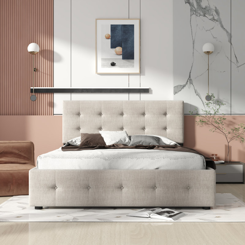 Upholstered Platform Storage Bed, Beige