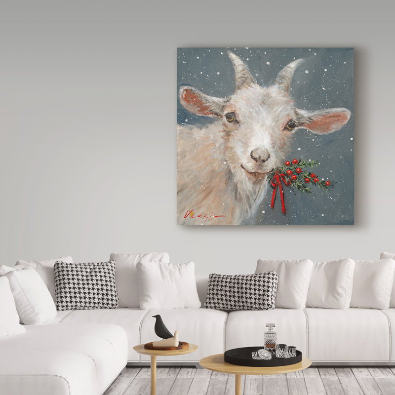 Wrapped Canvas Wall Art - Mary Miller Veazie 'Goat With Holly' Wall Art for Living Room, Bedroom, or Office Décor - 14x14