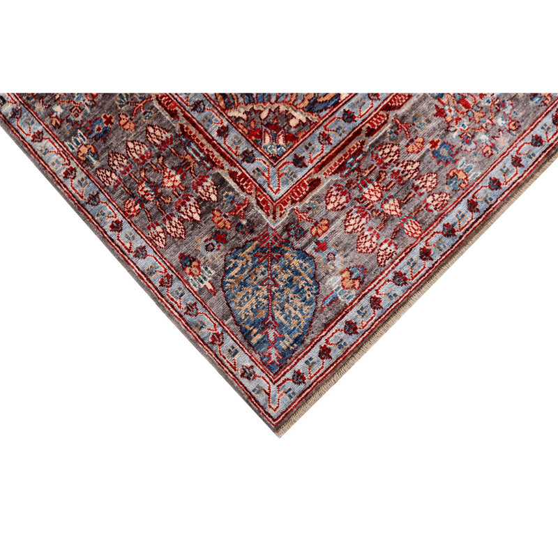 Tapis rouge / gris en laine noué à la main de conception unique 5 pi 10 po x 9 pi 1 po