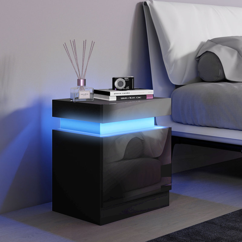 Table de chevet, table d'appoint avant brillante avec lumières DEL, pour chambre à coucher, Noir