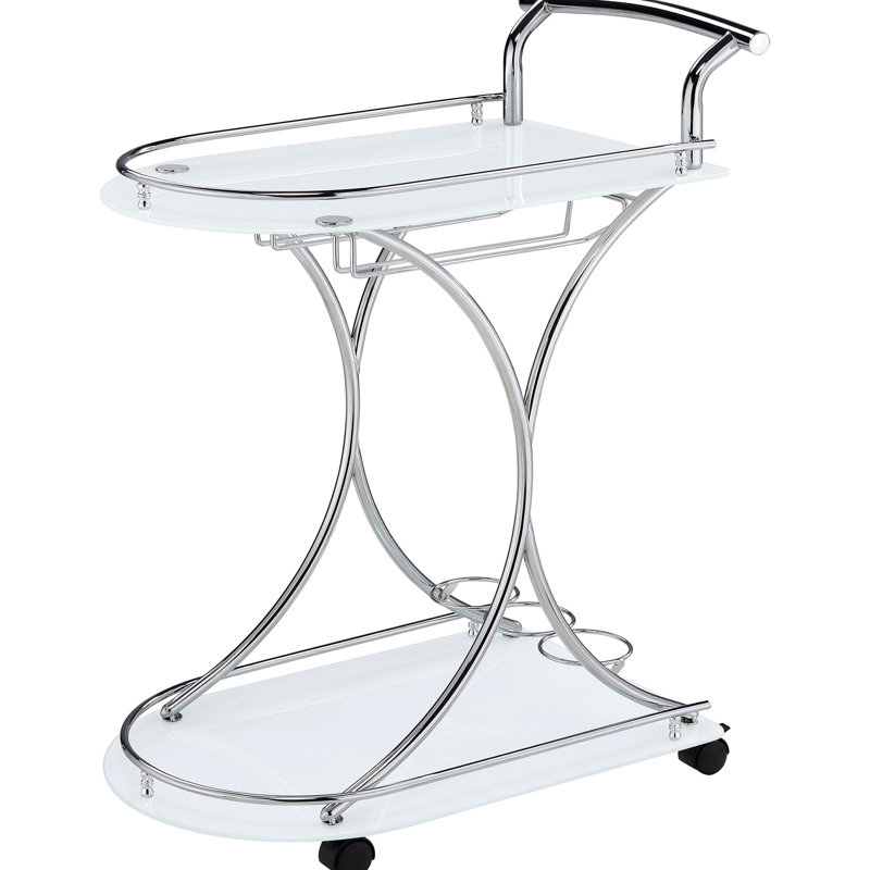 Chariot-bar blanc et 2 tablettes en verre pour la salle à manger, style de rangement avec support à verres à pied, tablette de 26,5 pouces de large, décoration de pièce, 33,85H