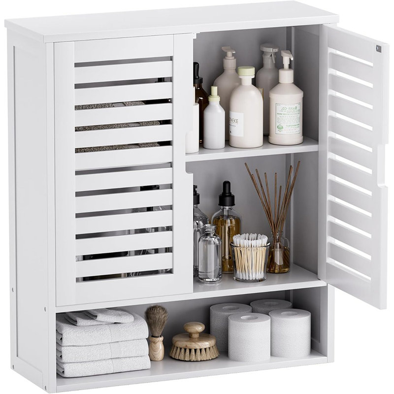 Armoire de salle de bain murale - Blanc - Organisateur de rangement en bambou au-dessus de la toilette, armoire à pharmacie peu encombrante avec 2 portes et tablettes réglables