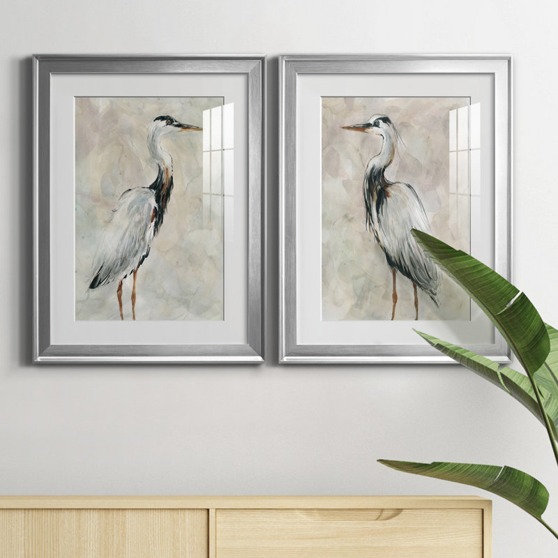 Crane at Dusk I - ensemble de 2 reproductions, Papier avec cadre érable, H 22,5 po x l 61 po, Argent argent