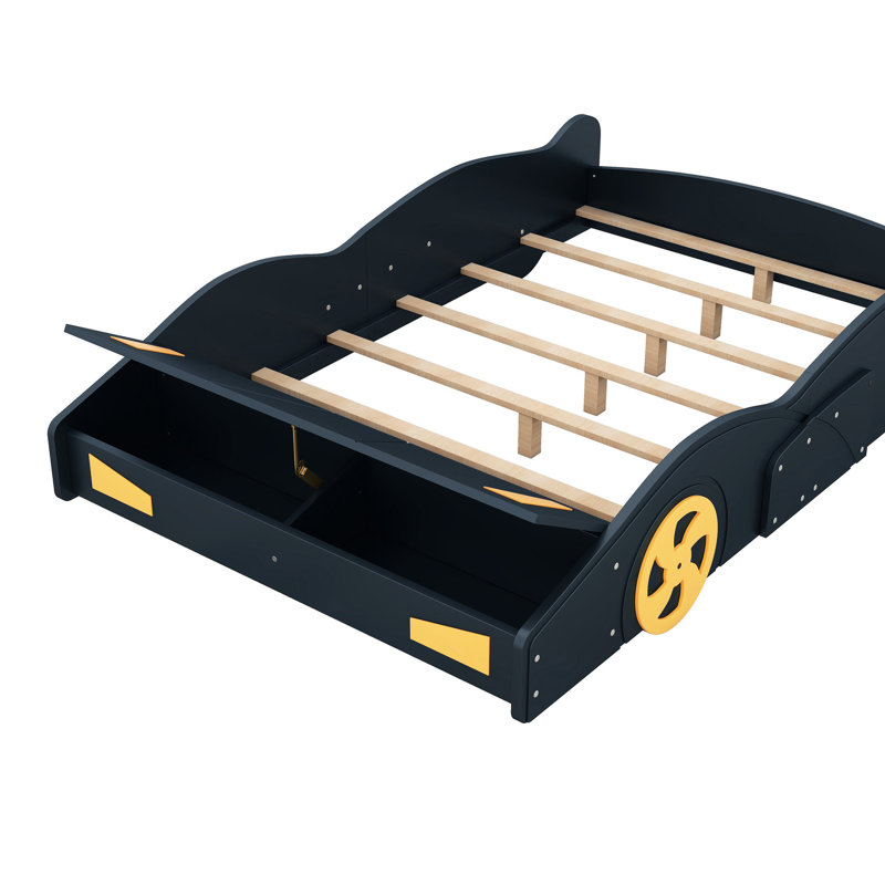 Lit plateforme pour voiture de course double - bleu foncé et jaune avec espace de rangement en bois + roues et robuste pour chambre à coucher