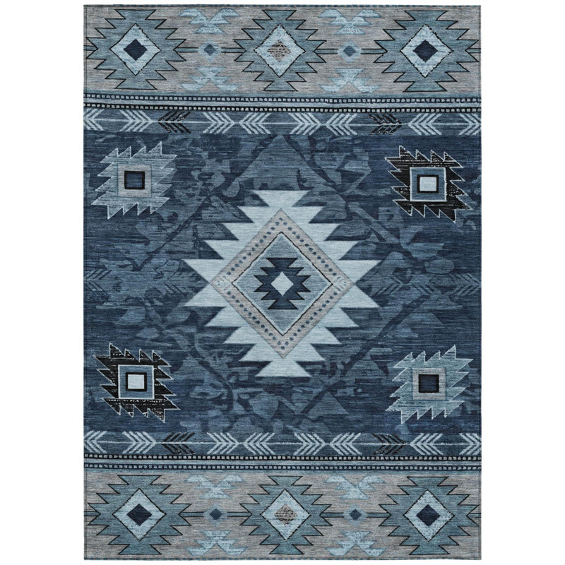 Tapis intérieur/extérieur lavable, bleu ivoire et anthracite, motif tribal, 90 x 150 cm