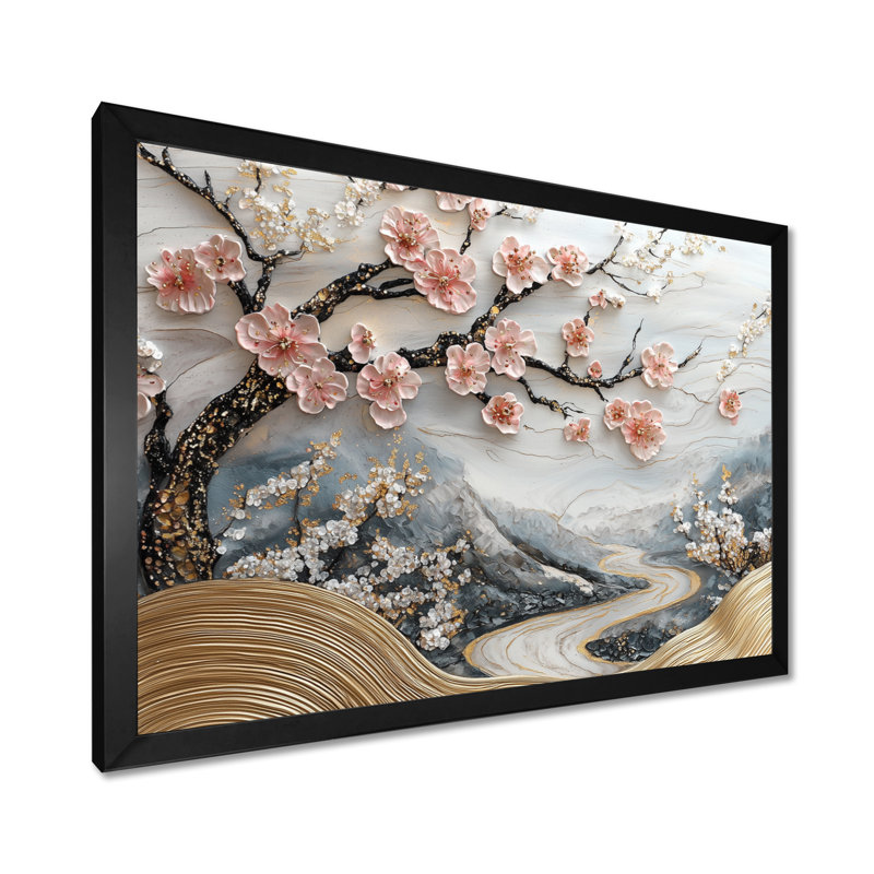 Marbre cerisiers en fleurs, poésie des pétales IV - art mural cerisier en fleurs, H 16 po x l 32 po, Cadre simple, Noir