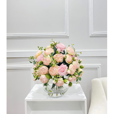 14 Inch X-Large Pink Real Touch Rose and Peony Centerpiece in Clear Glass Bowl Vase, French Country Faux Floral Arrangement for Dining Table and Wedding Decor