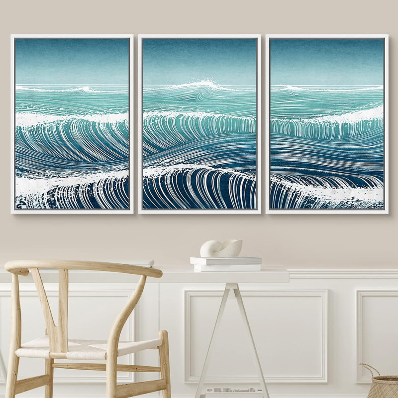Coastal Beach Teal Blue Duotone Ocean Wave Sea, reproduction sur toile 3 pièces, H 36 po x l 72 po x P 1,5 po, Blanc
