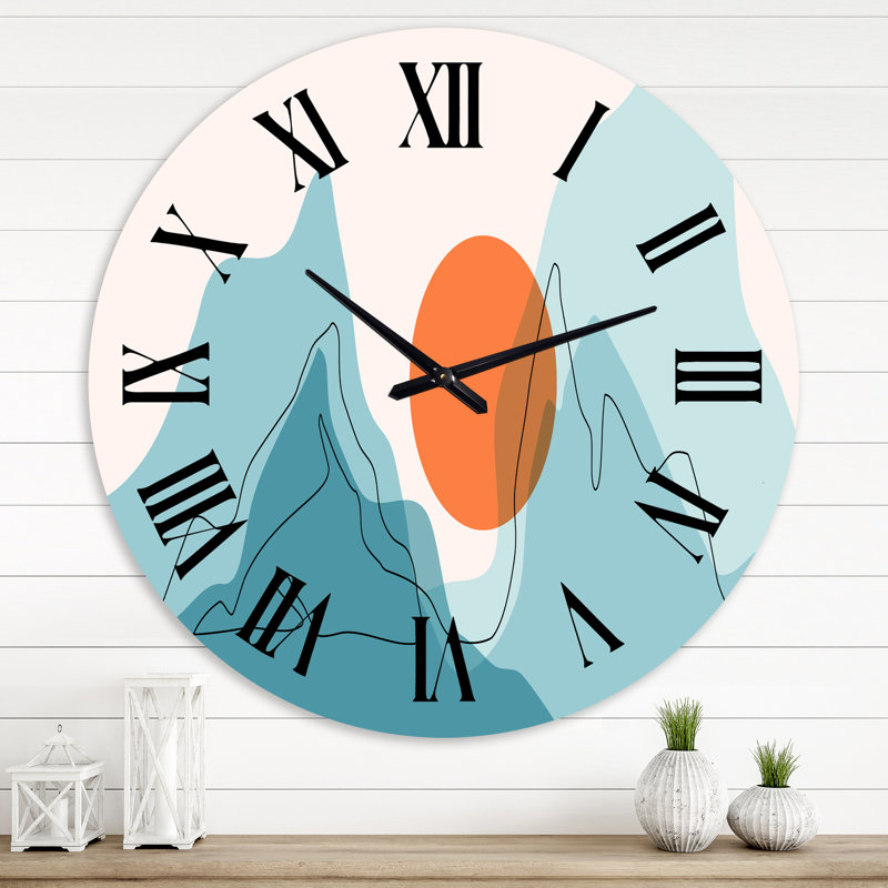 Lune rouge sur les montagnes bleues abstraites I - horloge murale moderne, Surdimensionné