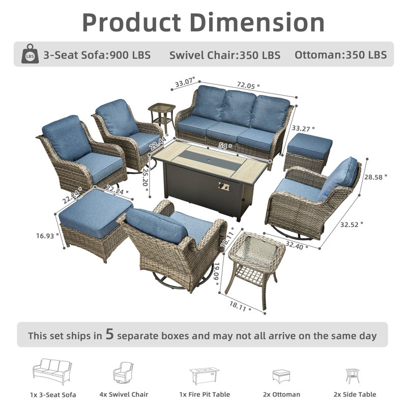 7 - Person Wicker Outdoor Conversation Set, Patio Sofa & Swivel Chair Set with Fire Pit and Cushions, Blue Cushion/Gray Frame