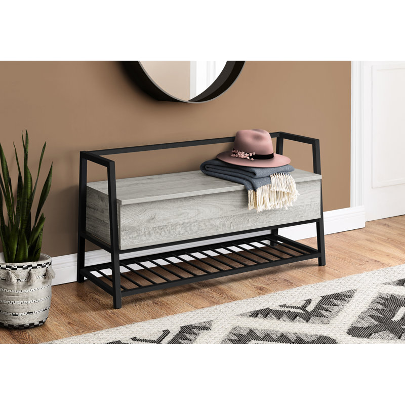 Grey Laminate 42" Rectangular Hallway Bench With Black Metal Clasps Base For Entryway And