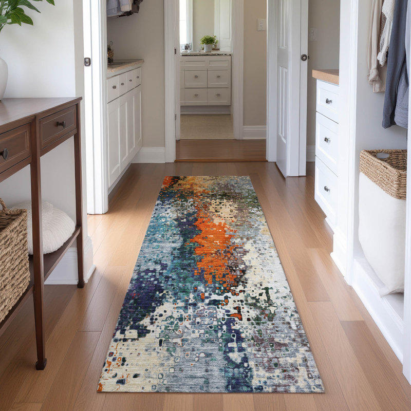 Premium Machine Washable Mayfield AMF2242 Abstract Rug, Blue, 2'3" x 7'6" Runner