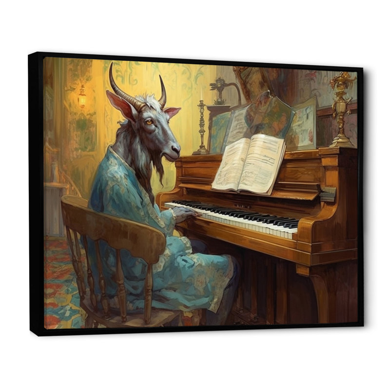 Chèvre jouant de la musique I - Impression, Cadre flottant noir, H 24 po x l 32 po x P 1 po