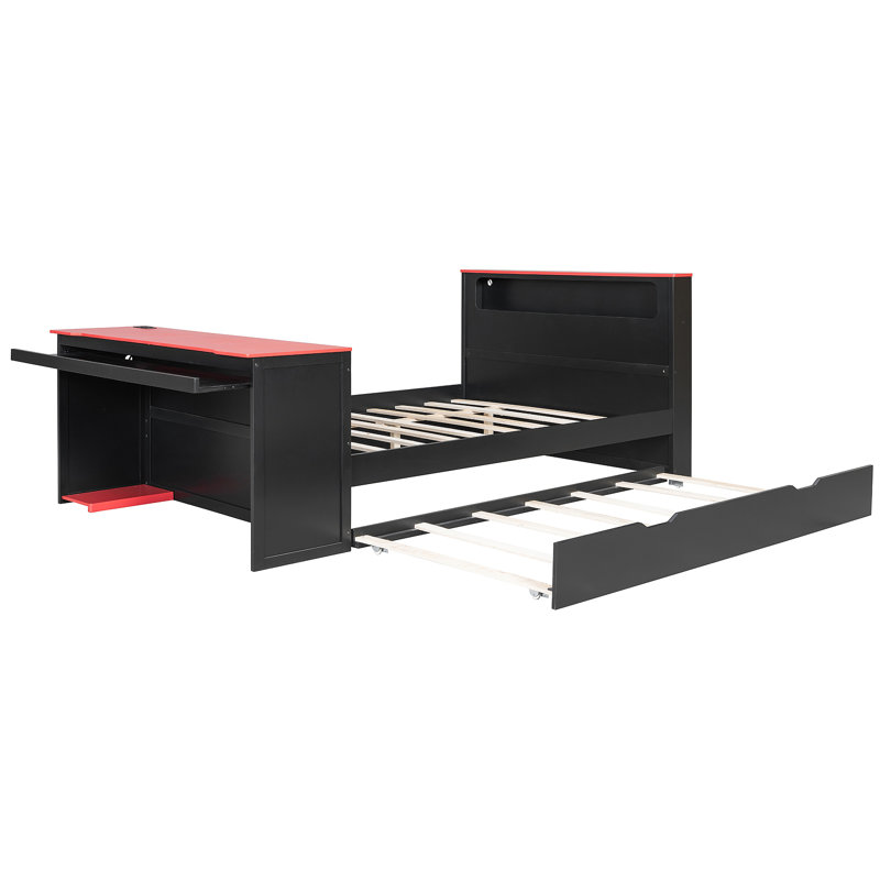Wood Daybed With Trundle,Desk,LED Light And USB, Full, Black/Red