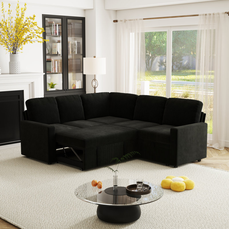81-Inch Corduroy Sectional Sofa Bed (With Pull-Out Bed), U-Shaped 5-Seater Modular Sofa (With Storage), Black Corduroy