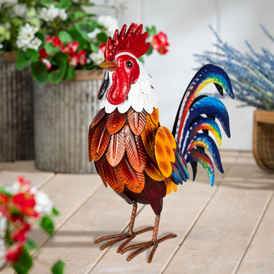Statue de jardin coq coloré en métal, 12 po