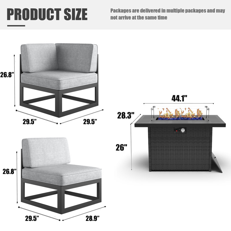 Ensemble modulaire d'extérieur 9 pièces avec table de feu 9 pièces, Gris