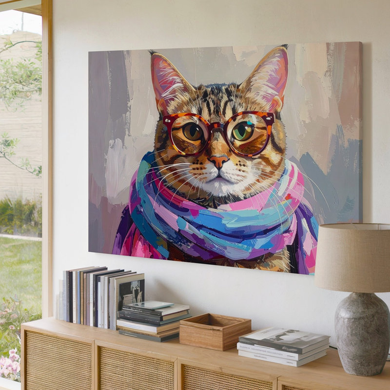 Chat tigré à la mode à la mode félin avec lunettes et écharpe, H 30 po x l 30 po