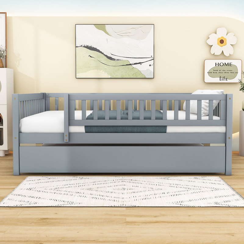 Aldora Wood Daybed with Twin Trundle and Fence Guardrails, Gray, Full