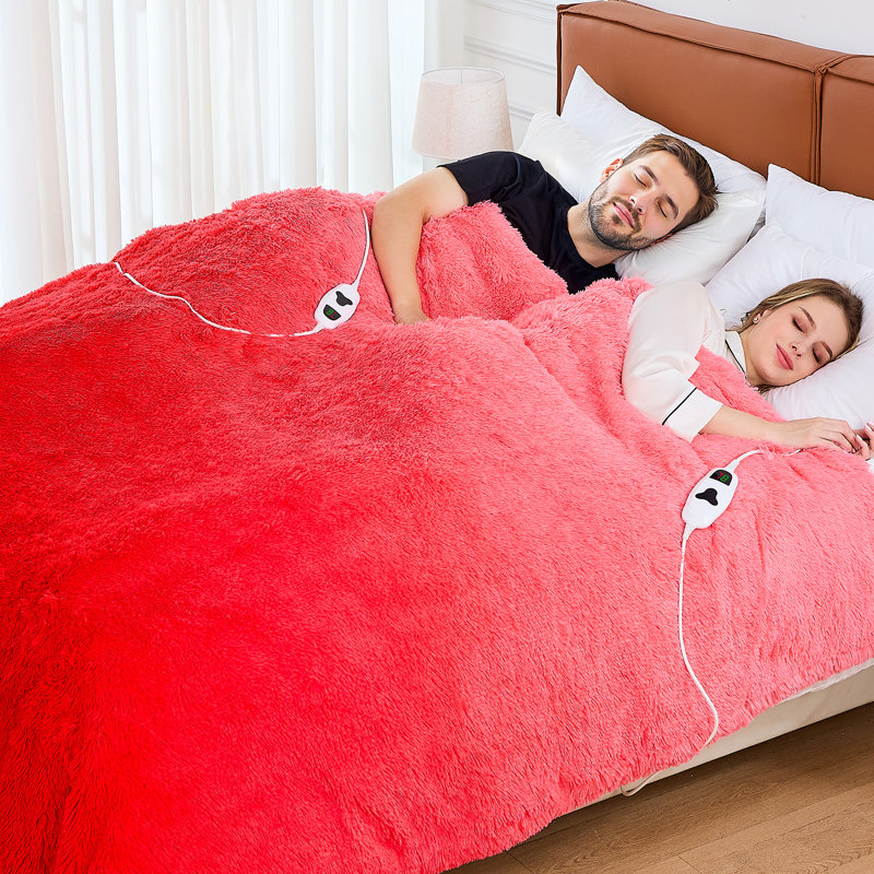 Jeté chauffant en molleton chauffant avec dossier en sherpa pelucheux, Lit double, Rouge