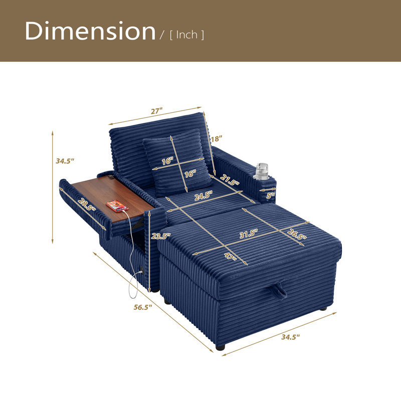 Canapé confortable moelleux en velours côtelé, espace de rangement pour une grande chaise simple, méridienne super douce avec repose-pieds et table