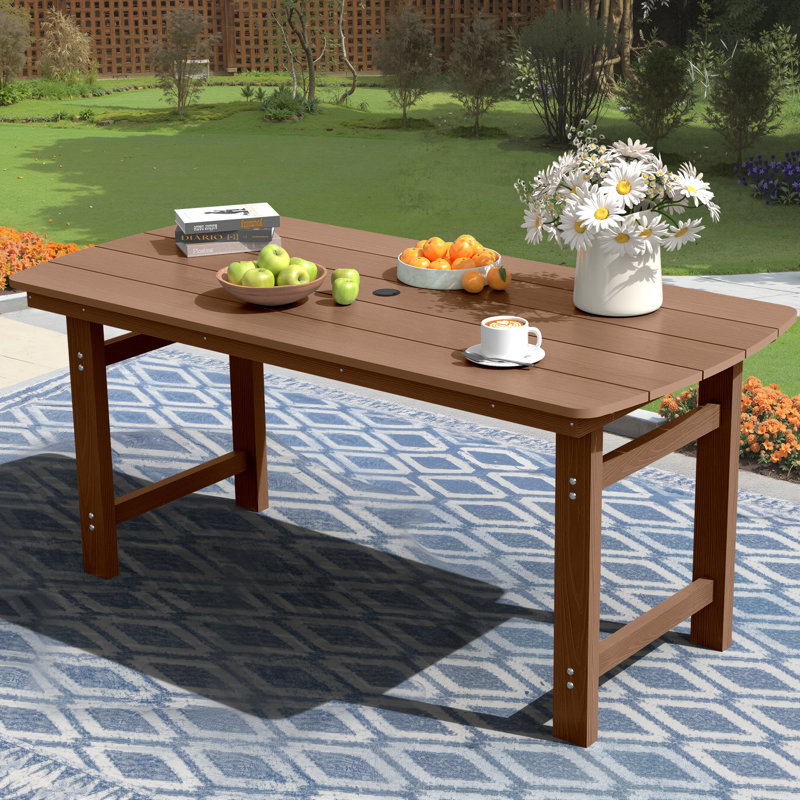  Table de salle à manger rectangulaire en PEHD pour l'extérieur avec trou pour parasol, Teck
