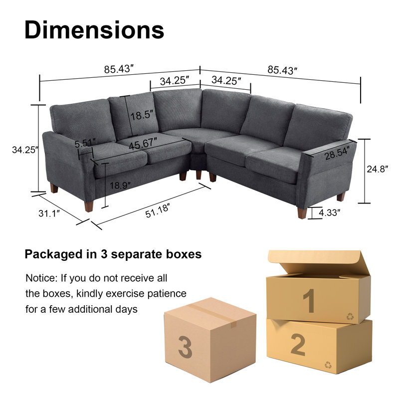 85 In L Shaped Corner Couch, 5 Seat Modular Sectional Sofa For Living Room, Black Polyester
