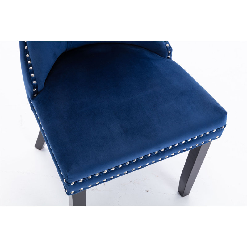 Chaise de salle à manger rembourrée en velours moderne avec anneau à tirer (ensemble de 2), Bleu, Noir