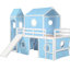 Lit simple mezzanine bleu avec glissade, tente rose et tour