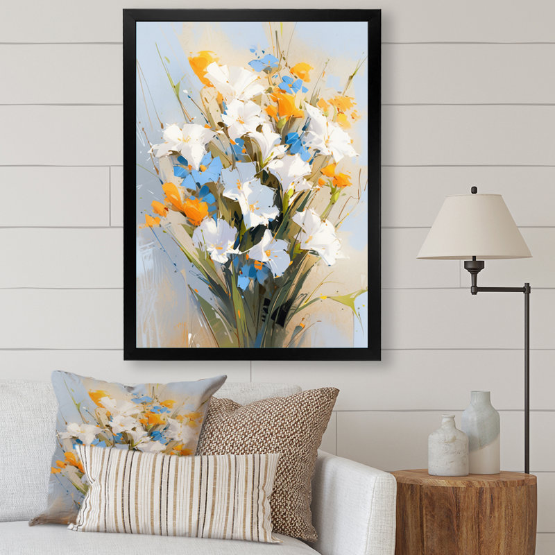 Fleurs bleues et blanches sur fond blanc, Cadre simple noir, H 40 po x l 30 po x P 1,5 po