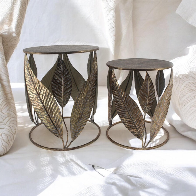 Metal Leaf Gold Side Tables Set | Modernist Frame Design Decorative Accent Tables for Living Room or Bedroom