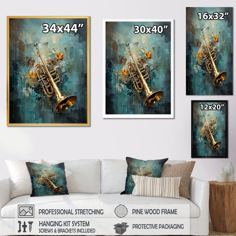 " Trombone Tribute Jazzed Jade I ", 20" H x 12" W x 1" D, Black Floater Framed