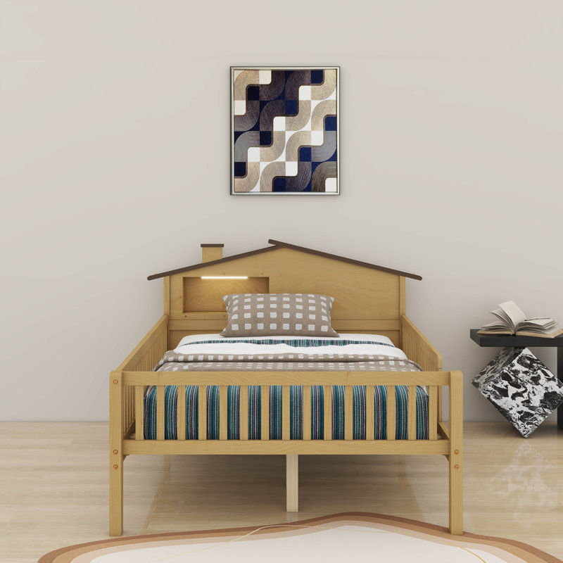 Lit plateforme en bois avec tête de lit en forme de maison et DEL, Naturel, Double