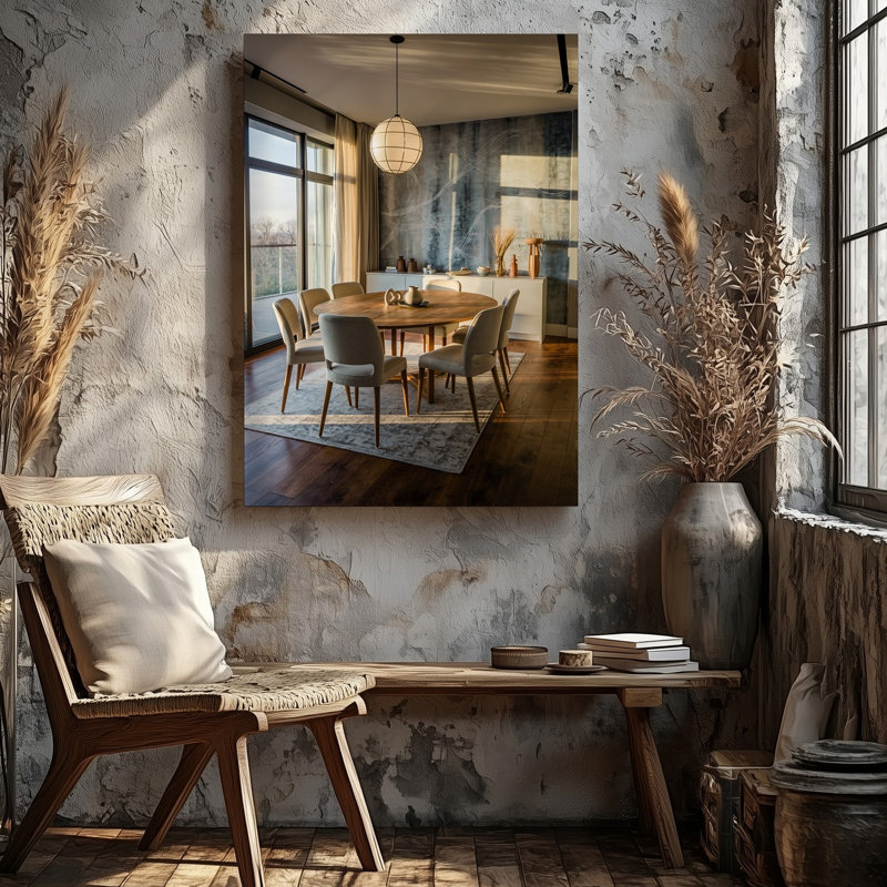 Toile d'une salle à manger contemporaine avec une grande table ronde en bois entourée de chaises élégamment rembourrées