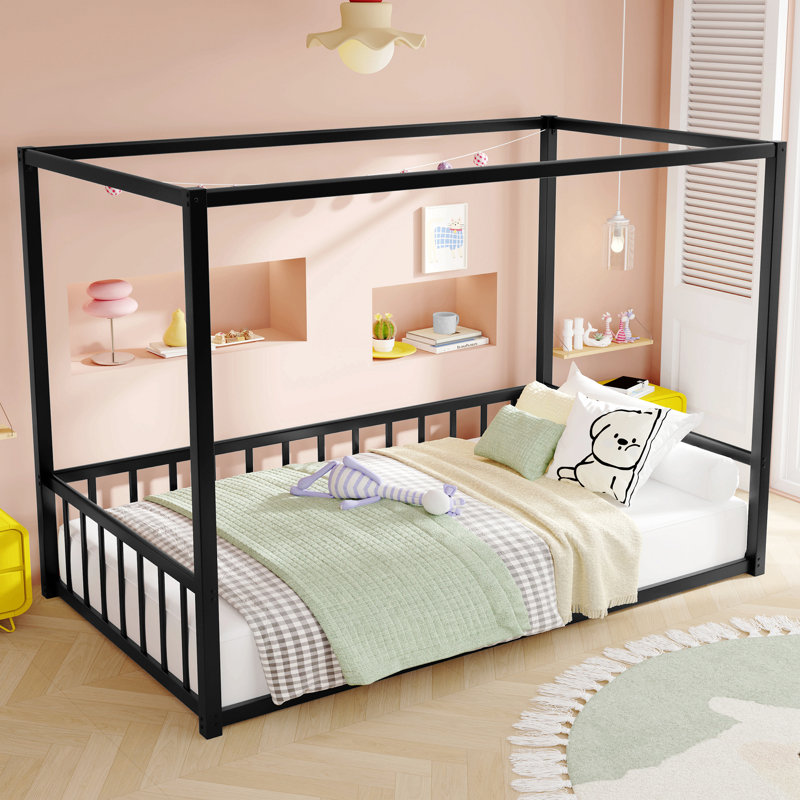 Sunshade Floor Bed, Iron Double-Size Bed Frame, Modern Low-Profile Double-Size Bed, Equipped With Fence-Style Guardrails, Black Series