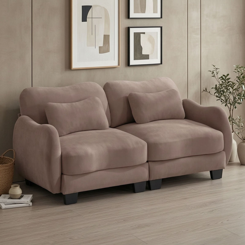 Canapé deux places incurvé en chenille avec coussins lombaires et design ergonomique épuré, Rose poussière